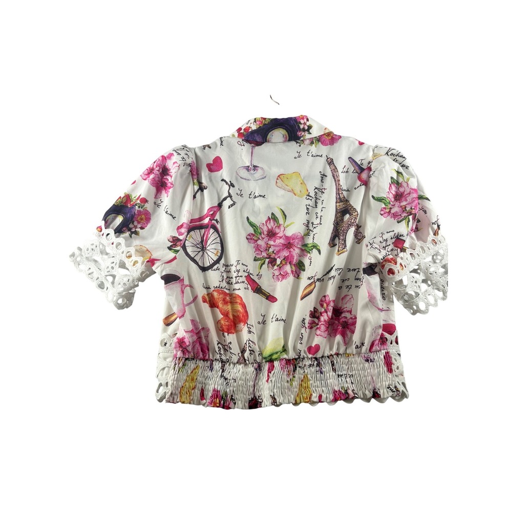 Jennifer's CollectionParis Eiffel Tower Eyelet Lace Button Up Blouse Small White - Picture 2 of 7